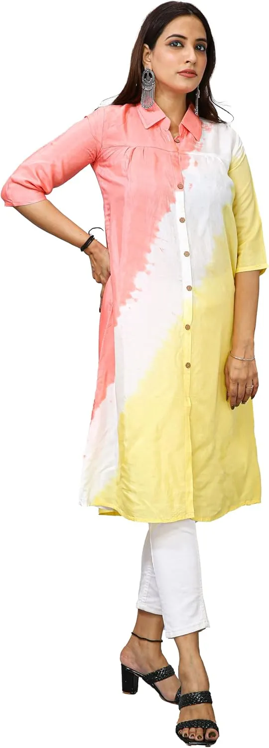 ladyline Women's Crepe Silk Tie Dye Shaded Tunic Top Shirt Collar Button Down Knee Length Dress