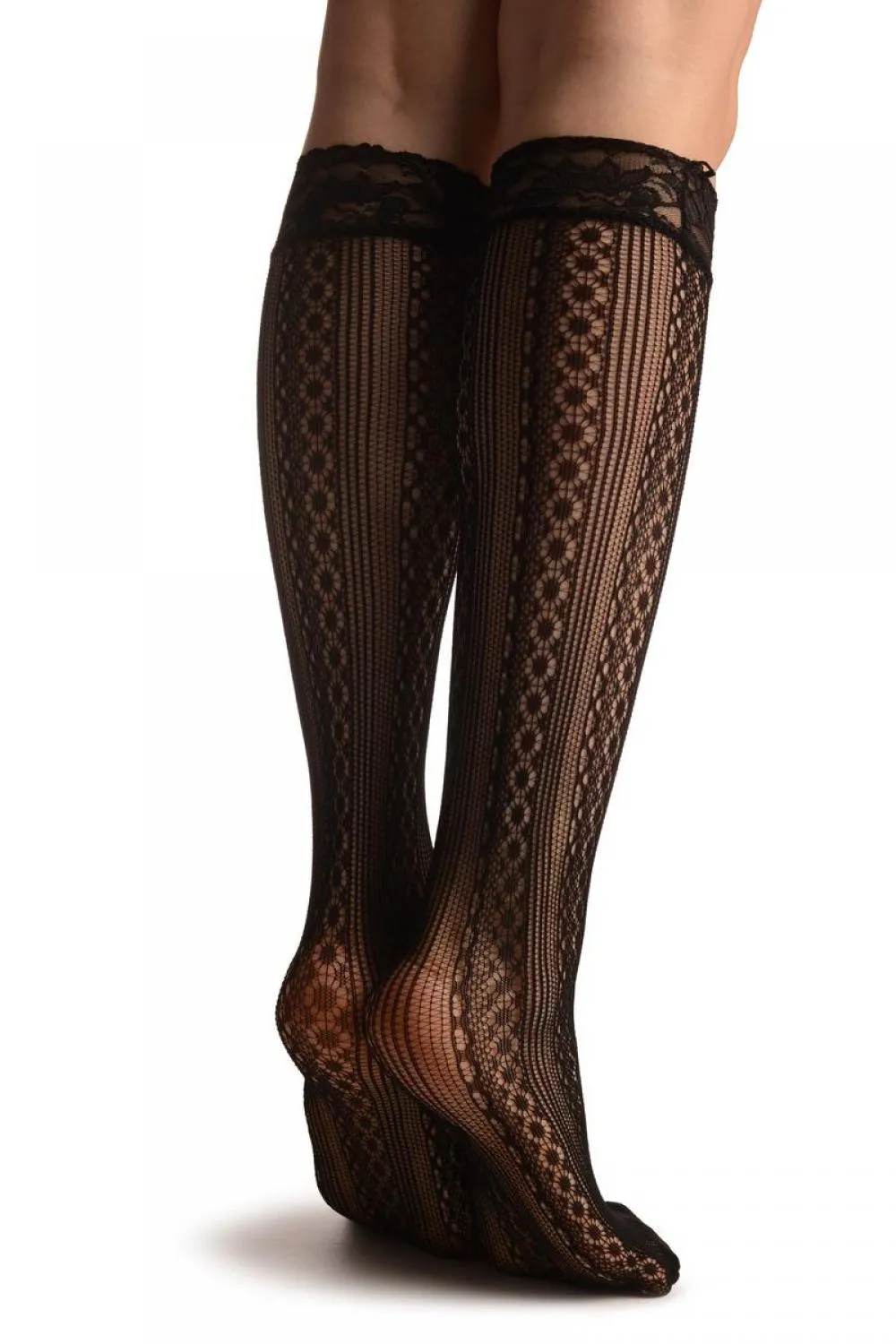 Lines & Crochet Stripes Black Lace Knee High Socks