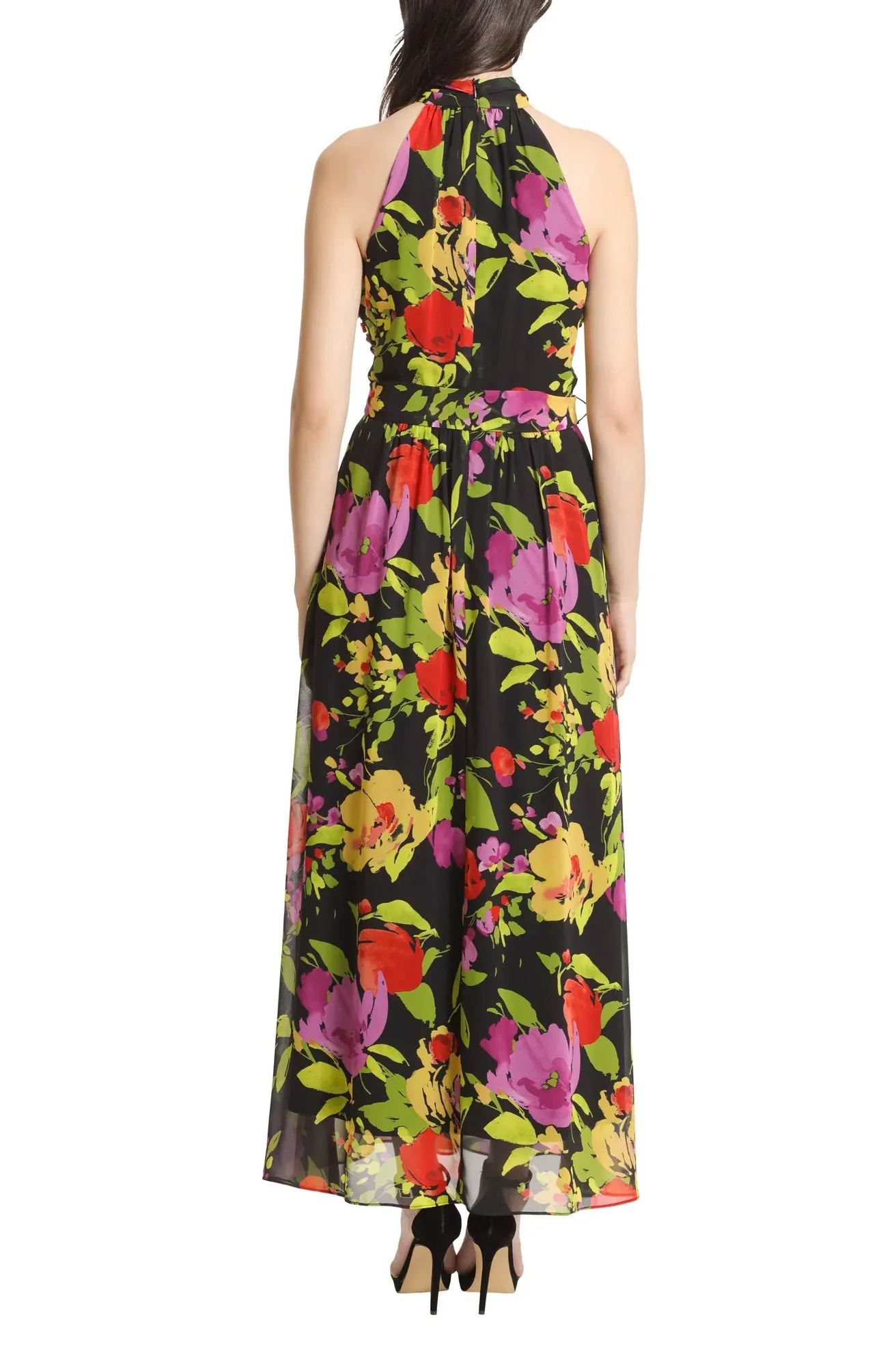 London Times Crossed Neck Sleeveless Tie Waist Floral Chiffon Dress