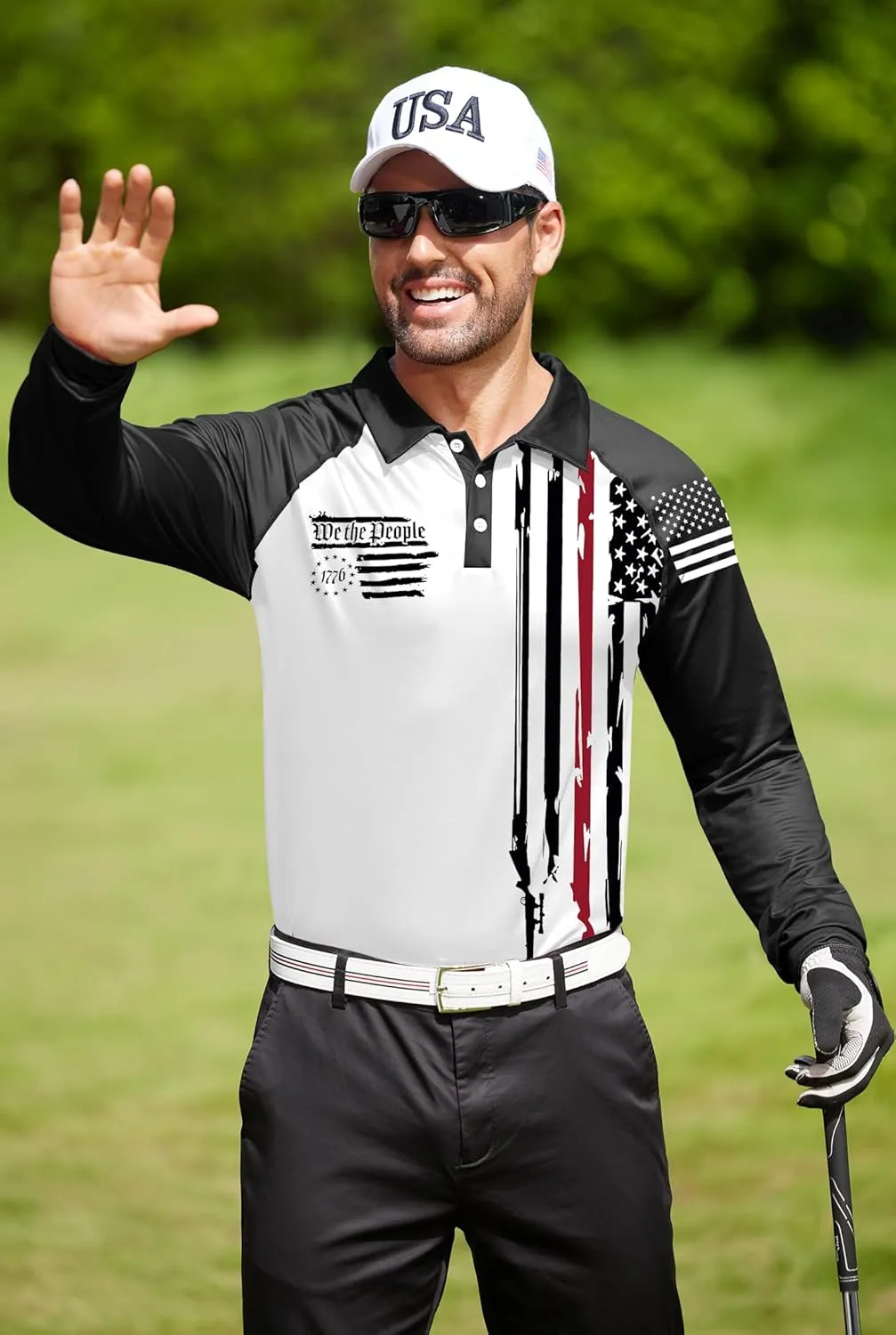 Mainfini Men's Long Sleeve 1776 Golf Shirt USA Flag Graphic Button Polo Shirt (S-3XL)