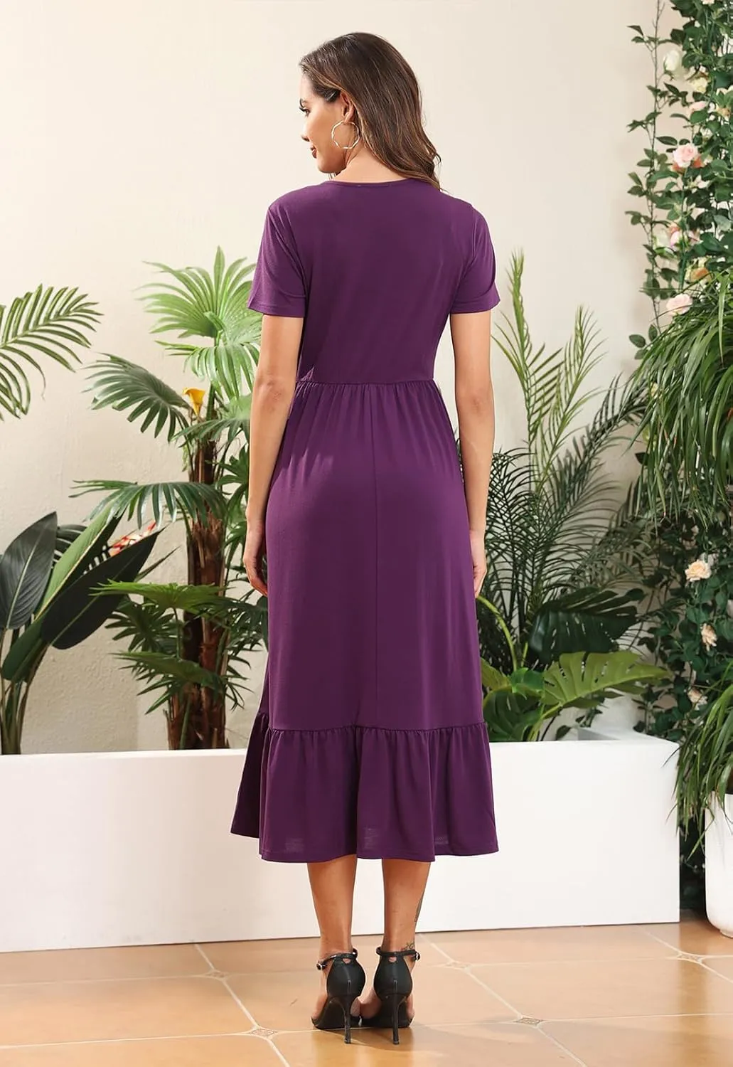 Manydress Womens Summer Casual Tiered Dress Short Sleeve Ruffle Swing Midi Dresses with Pockets MY148