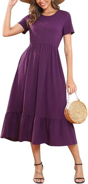 Manydress Womens Summer Casual Tiered Dress Short Sleeve Ruffle Swing Midi Dresses with Pockets MY148