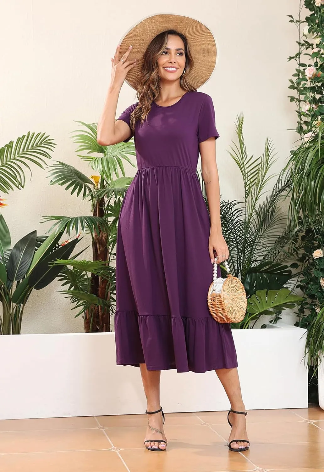 Manydress Womens Summer Casual Tiered Dress Short Sleeve Ruffle Swing Midi Dresses with Pockets MY148