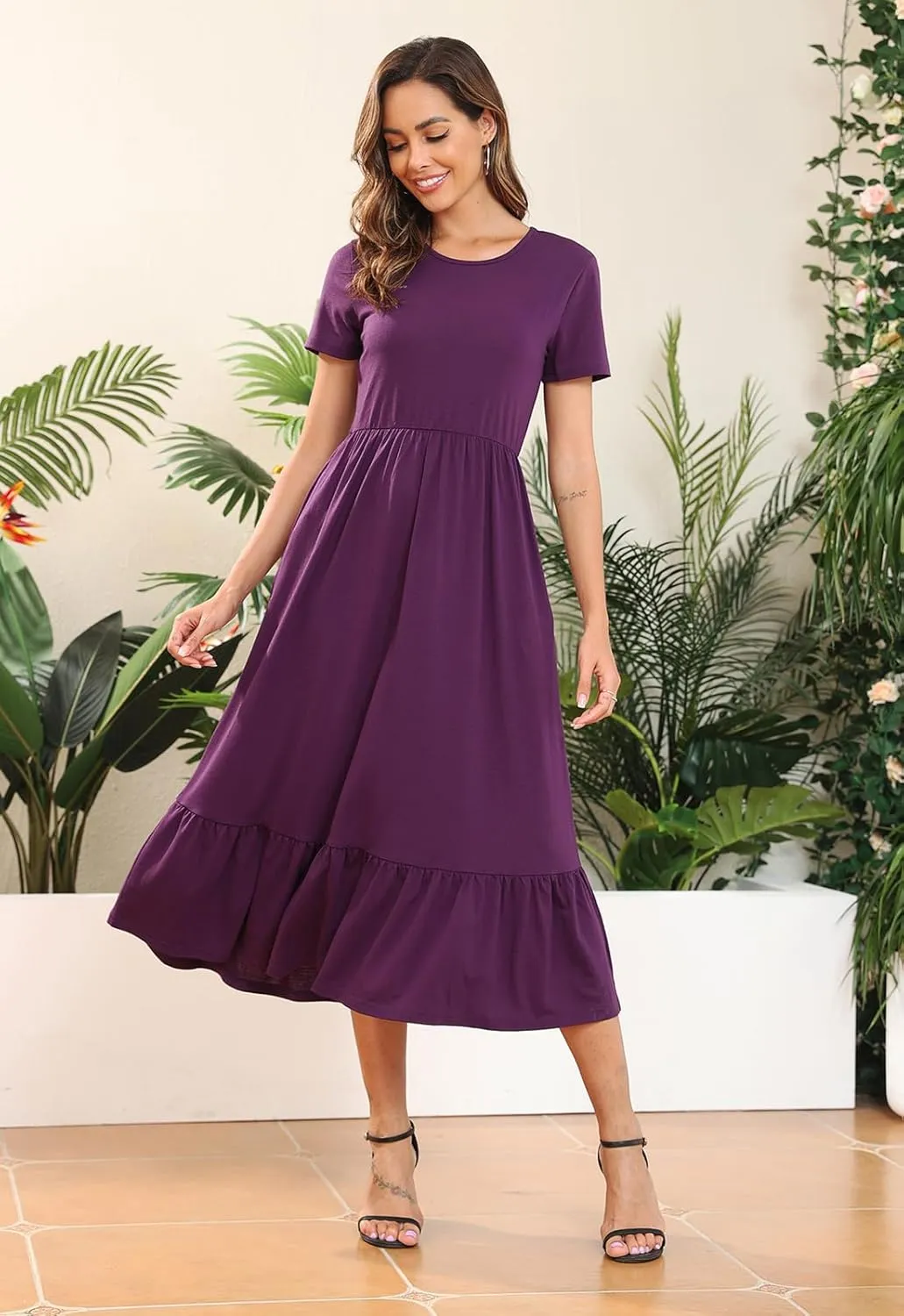 Manydress Womens Summer Casual Tiered Dress Short Sleeve Ruffle Swing Midi Dresses with Pockets MY148