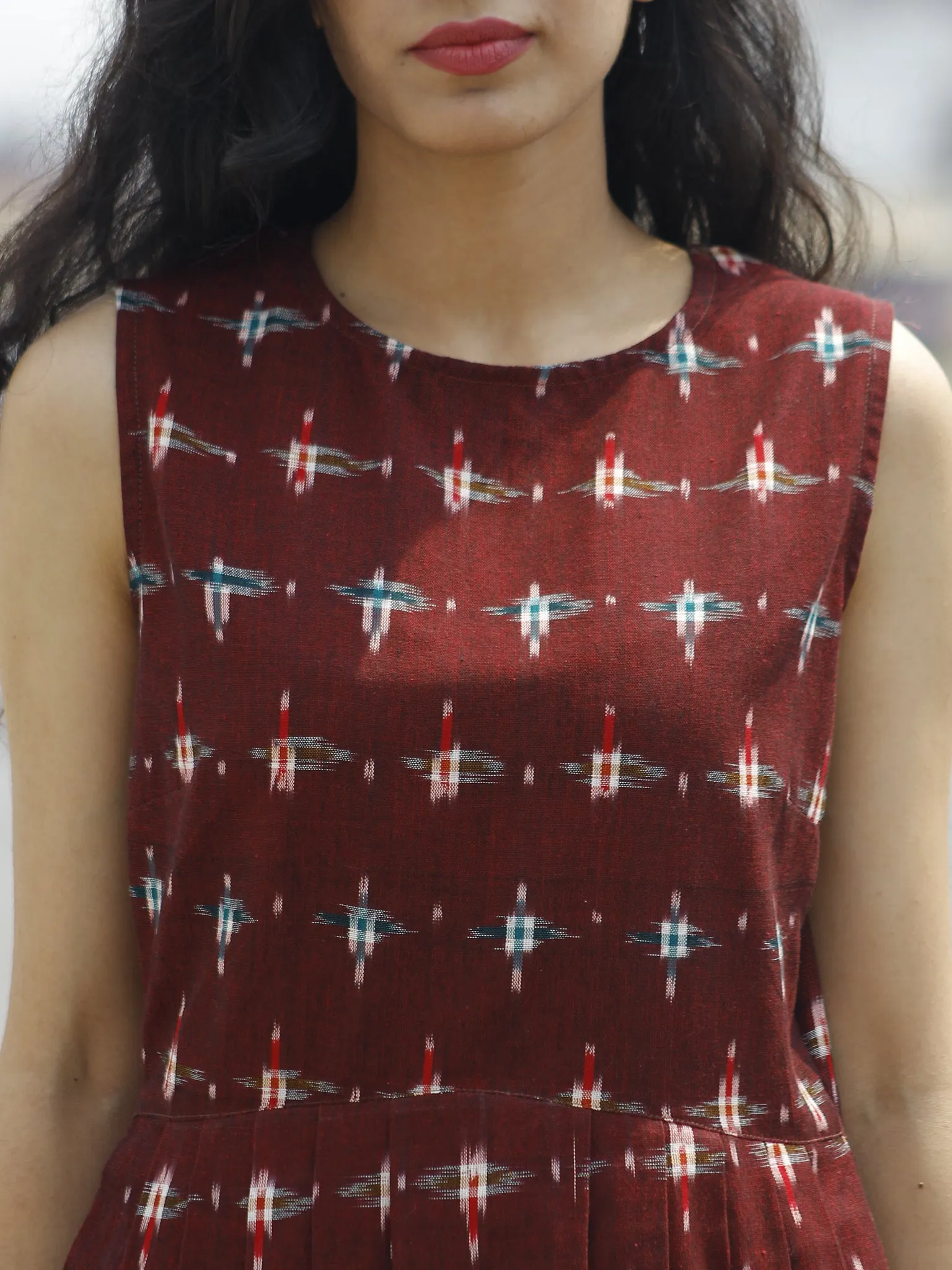 Maroon Green Red Ivory Handwoven Double Ikat Pleated Sleeveless Dress With Back Zip  - D65F664