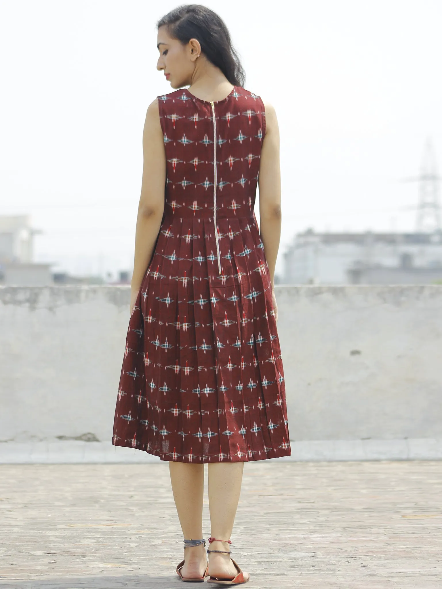 Maroon Green Red Ivory Handwoven Double Ikat Pleated Sleeveless Dress With Back Zip  - D65F664