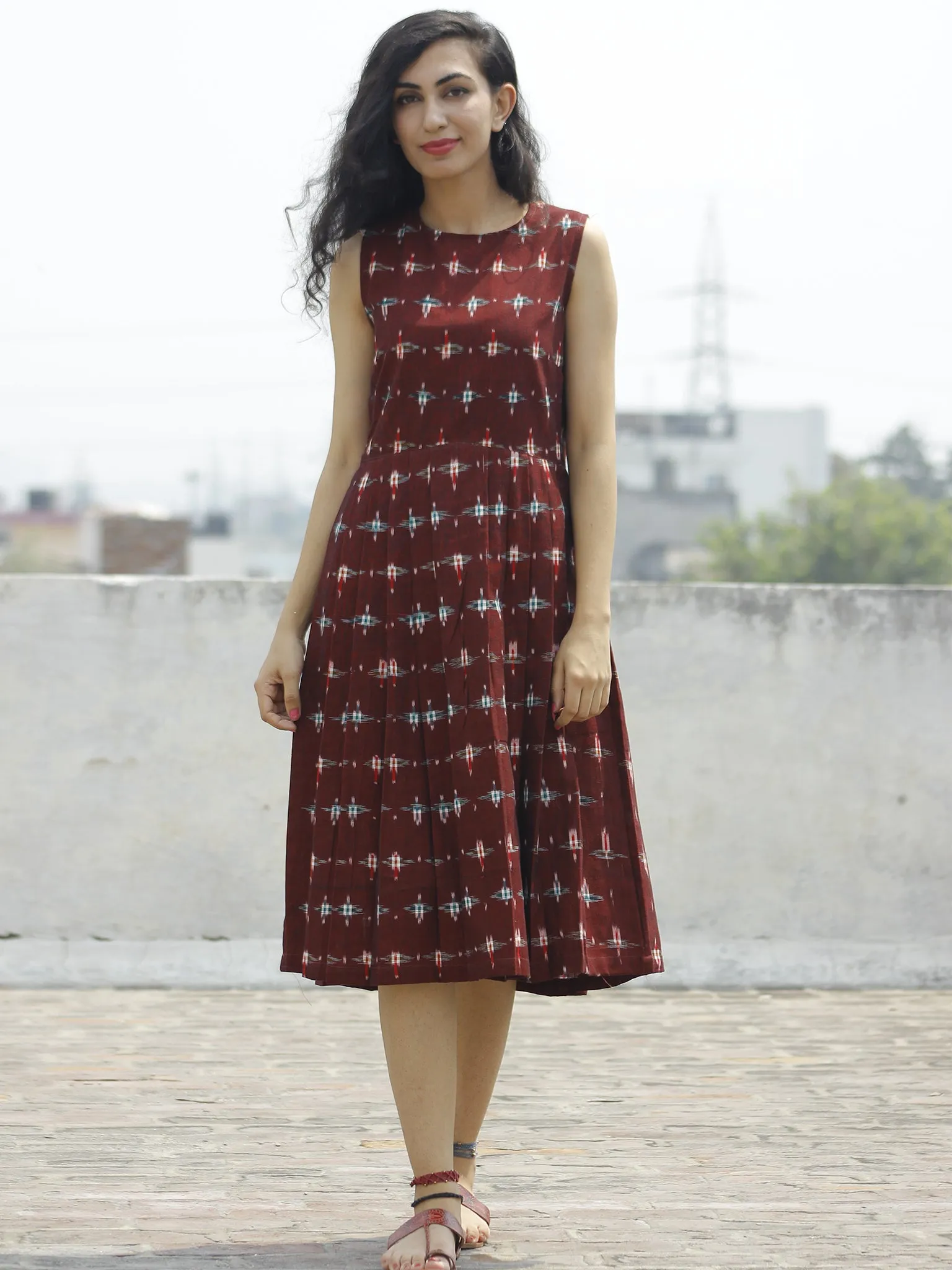 Maroon Green Red Ivory Handwoven Double Ikat Pleated Sleeveless Dress With Back Zip  - D65F664