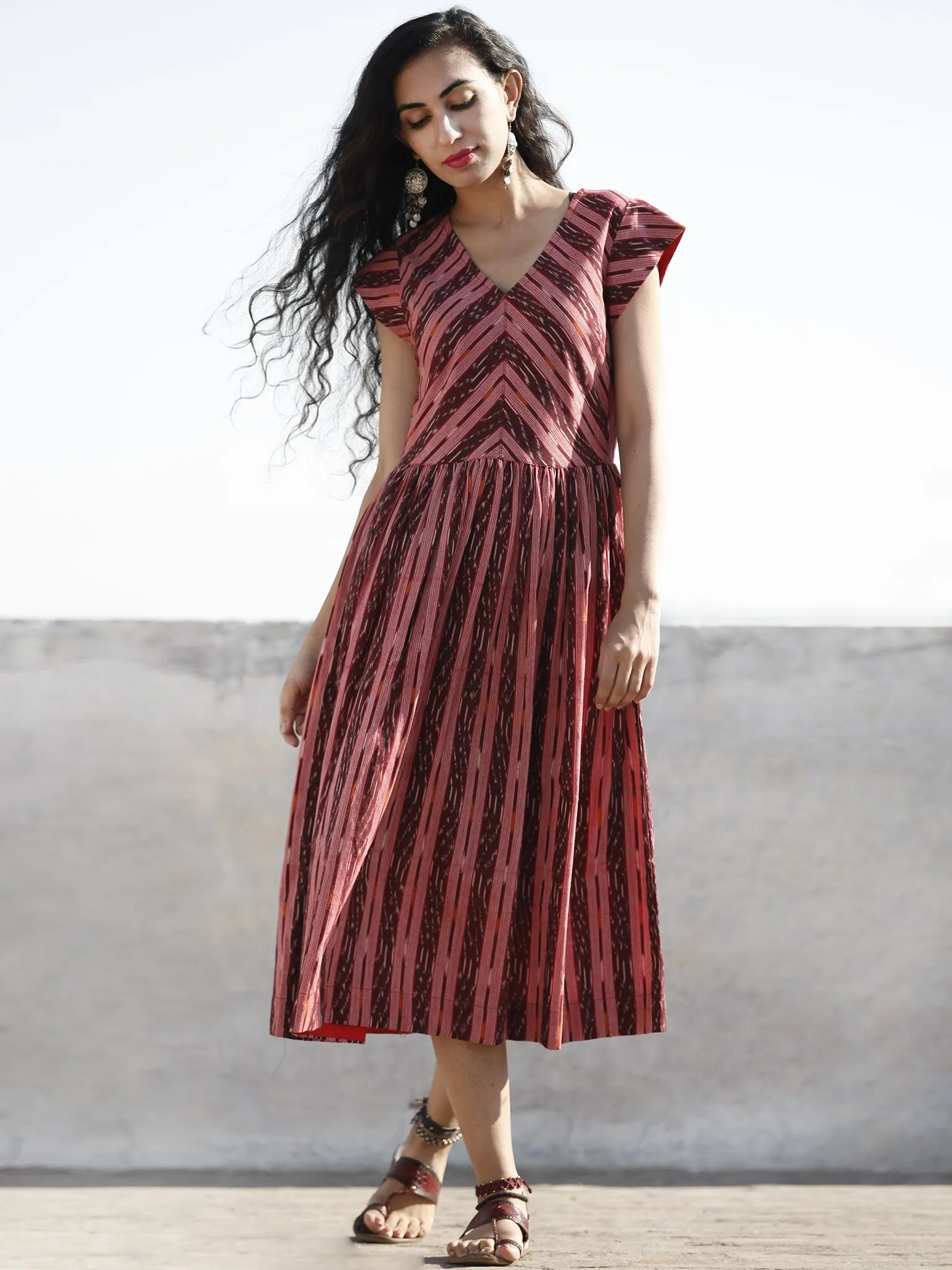 Maroon Red Ivory Hand Woven Ikat Midi Dress With Cap Sleeves - D201F756