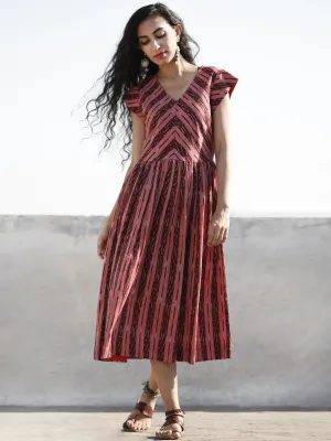 Maroon Red Ivory Hand Woven Ikat Midi Dress With Cap Sleeves - D201F756