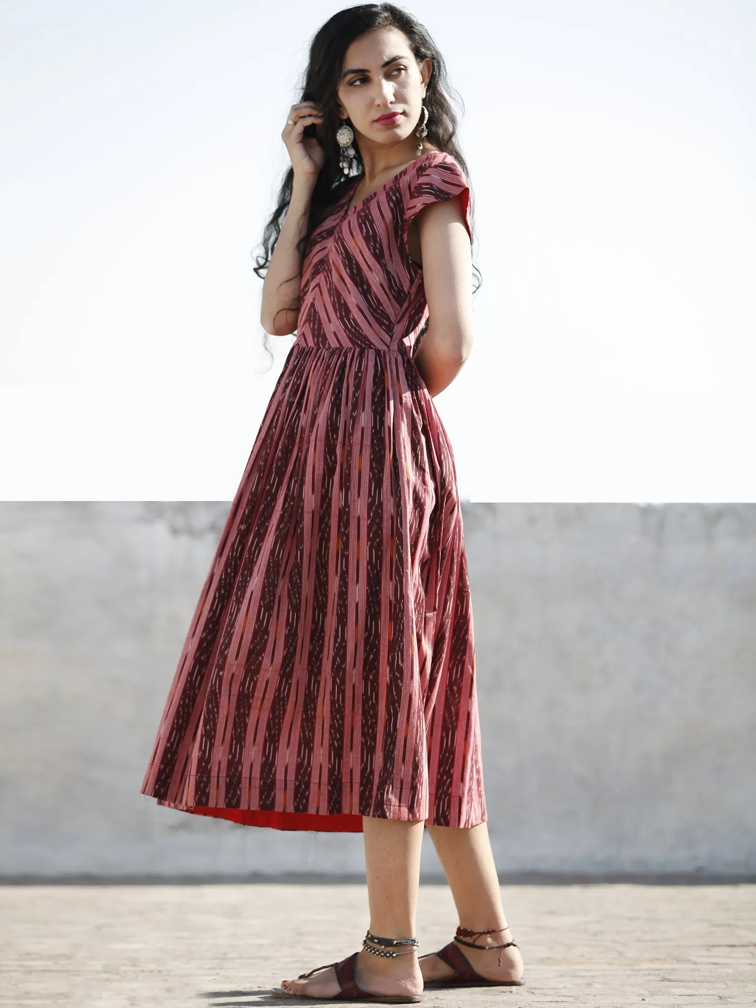 Maroon Red Ivory Hand Woven Ikat Midi Dress With Cap Sleeves - D201F756
