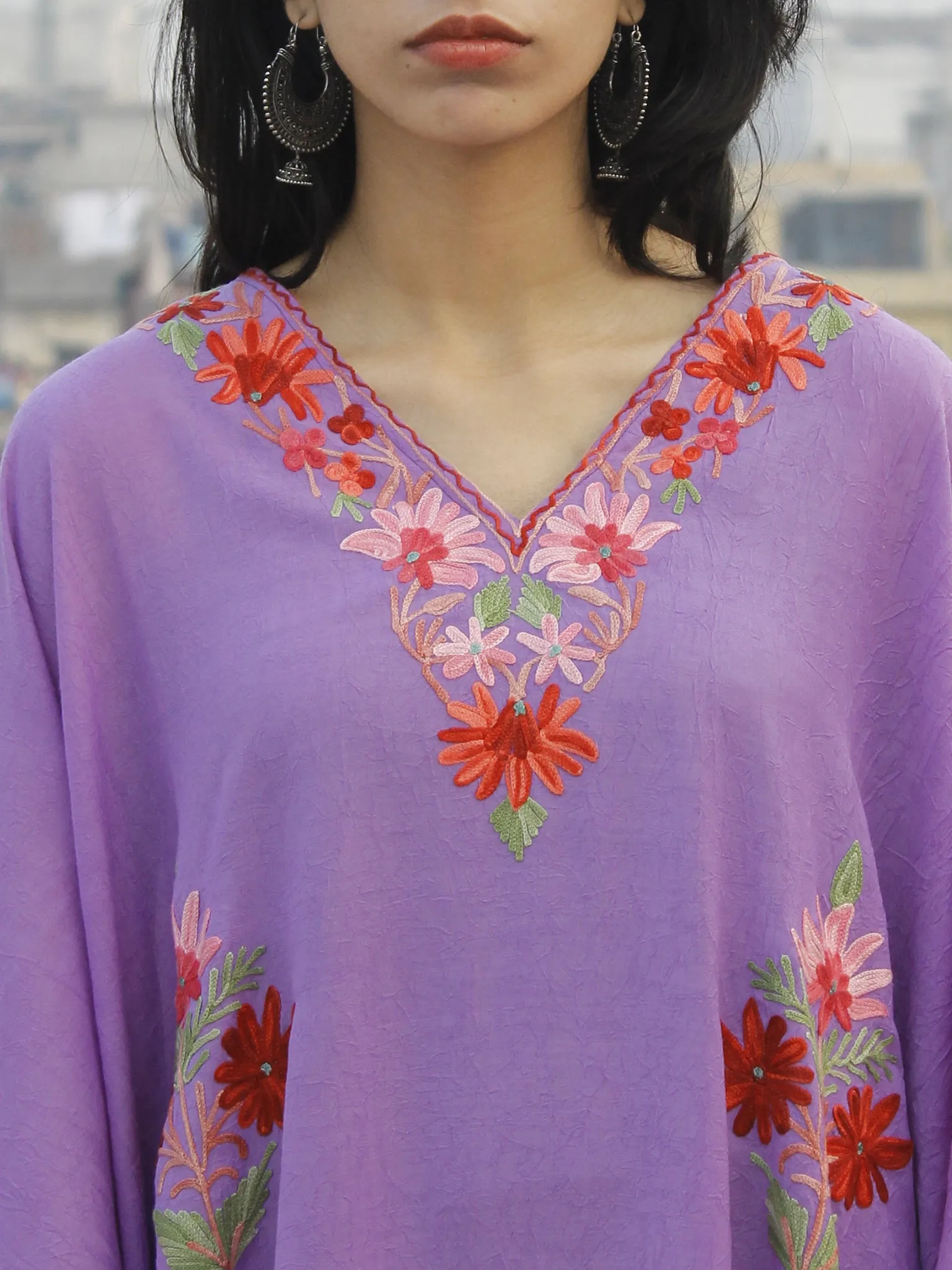 Mauve with Multi color  Aari Embroidered Long Kashmere Free Size Kaftan in Crushed Cotton - K11K019