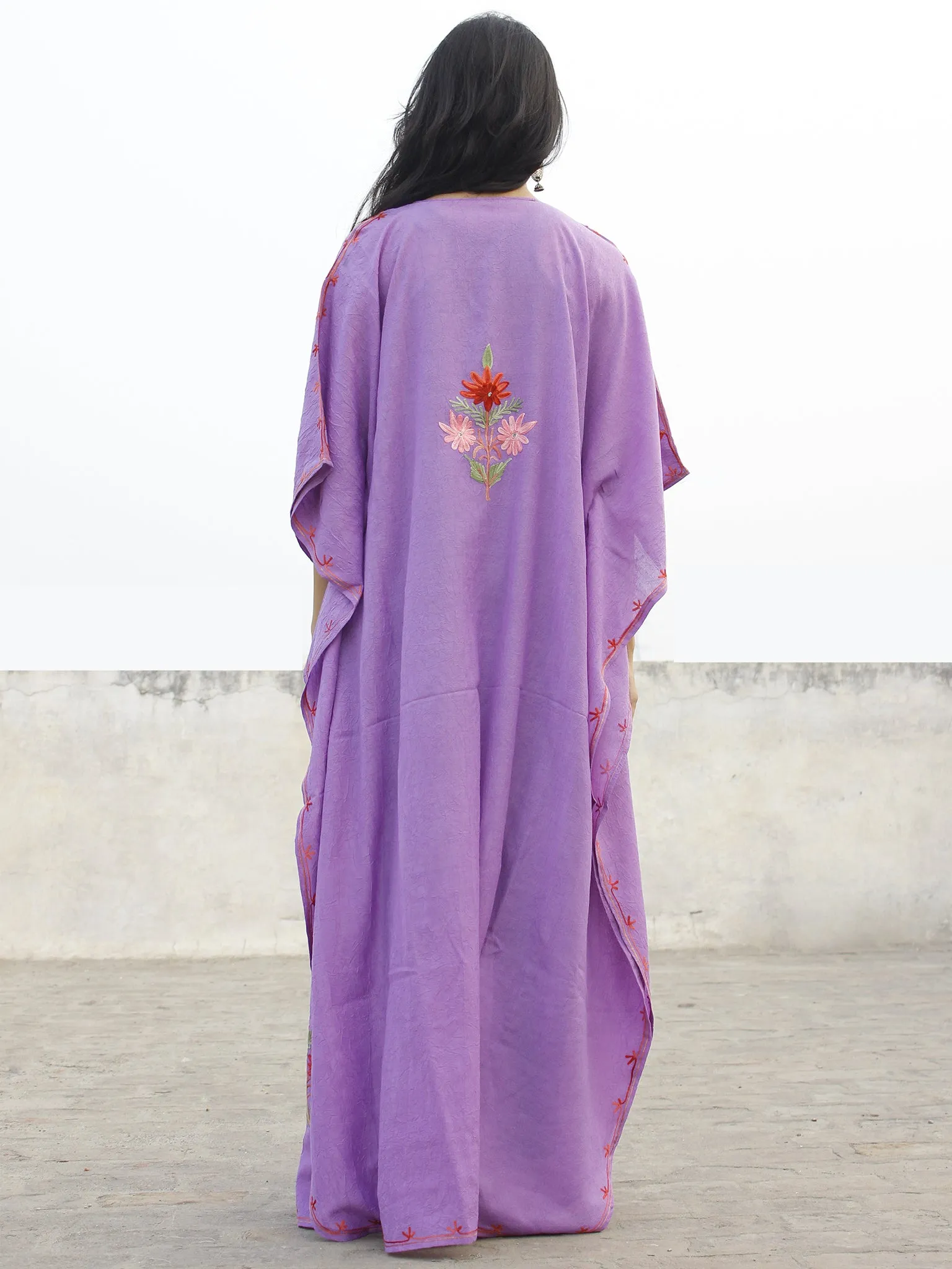 Mauve with Multi color  Aari Embroidered Long Kashmere Free Size Kaftan in Crushed Cotton - K11K019