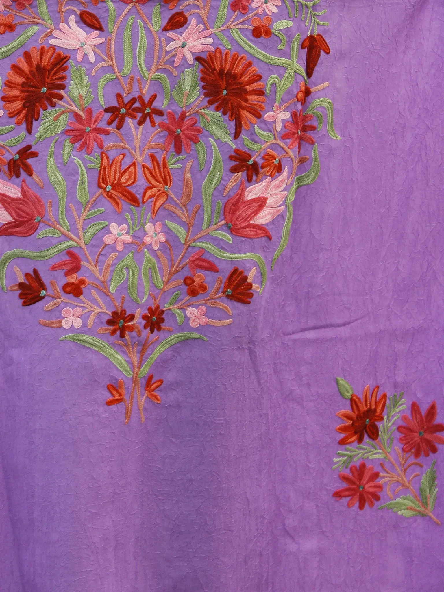 Mauve with Multi color  Aari Embroidered Long Kashmere Free Size Kaftan in Crushed Cotton - K11K019
