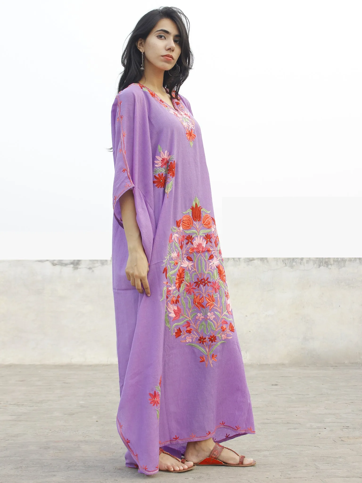 Mauve with Multi color  Aari Embroidered Long Kashmere Free Size Kaftan in Crushed Cotton - K11K019