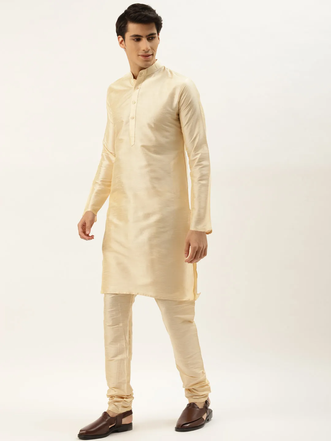 Men's Silk Blend Gold Kurta Pyjama & Magenta Nehrujacket Combo - Sojanya