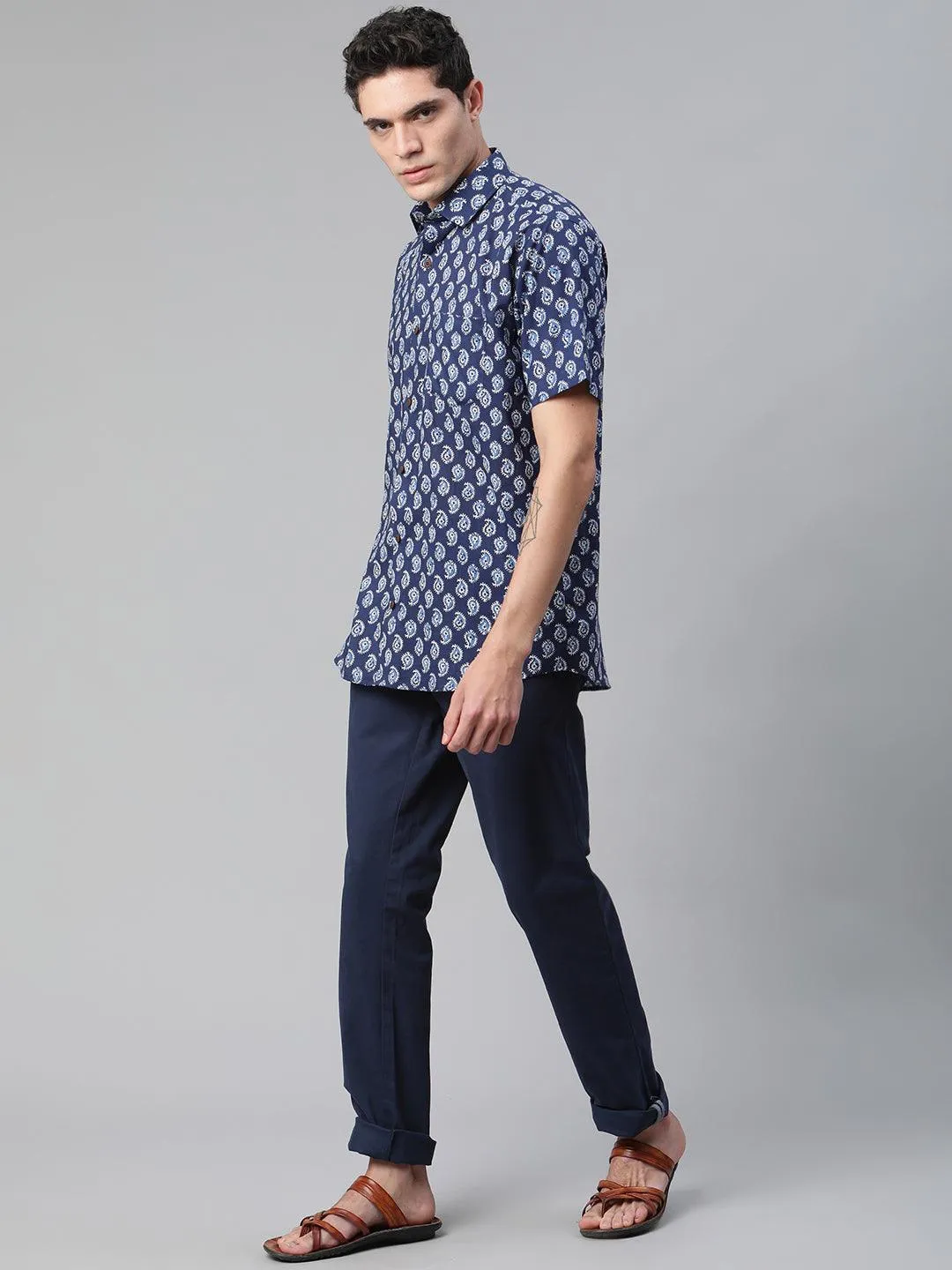 Millennial Men Indigo Blue & White  Cotton  Half Sleeve Shirt for Men-MMH0165