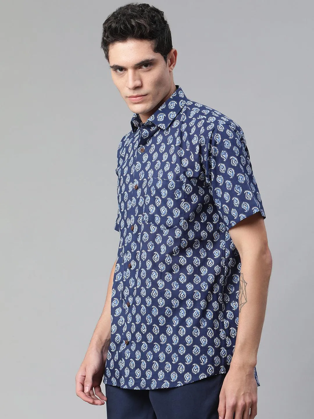 Millennial Men Indigo Blue & White  Cotton  Half Sleeve Shirt for Men-MMH0165