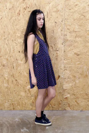 Navy Printed Pinafore Cord Smock Dress