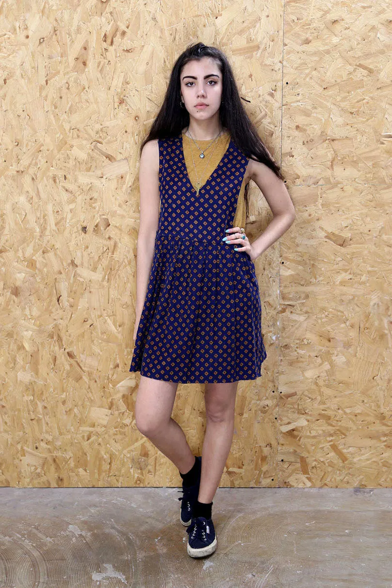Navy Printed Pinafore Cord Smock Dress