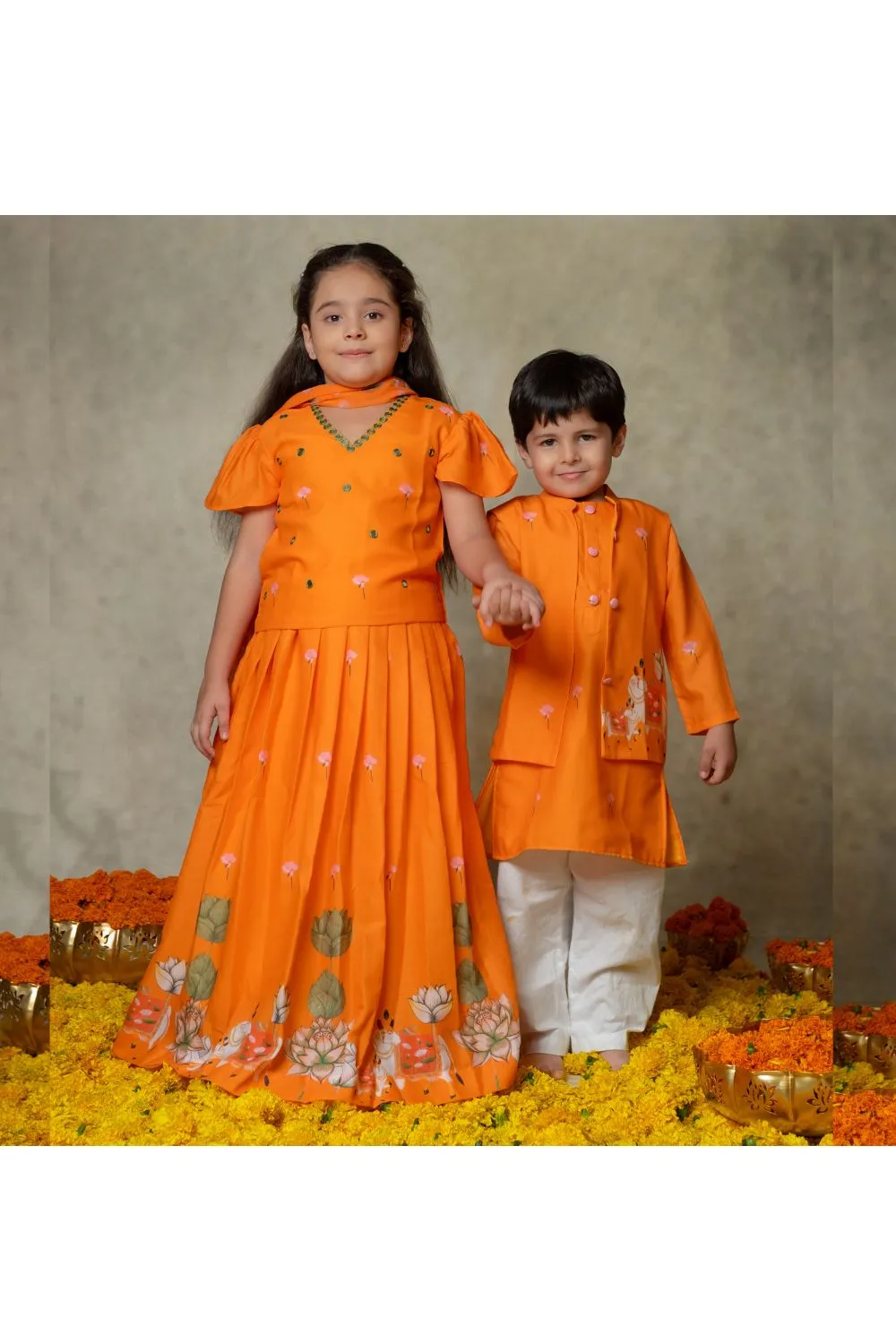 Orange Faux Mirror Embroidered And Pichwai Printed Pleated Lehenga Set