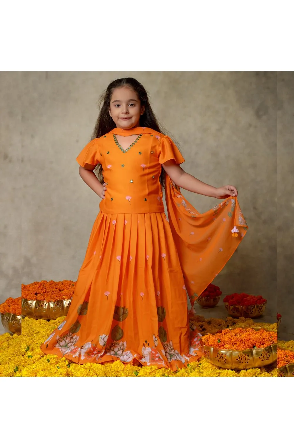 Orange Faux Mirror Embroidered And Pichwai Printed Pleated Lehenga Set