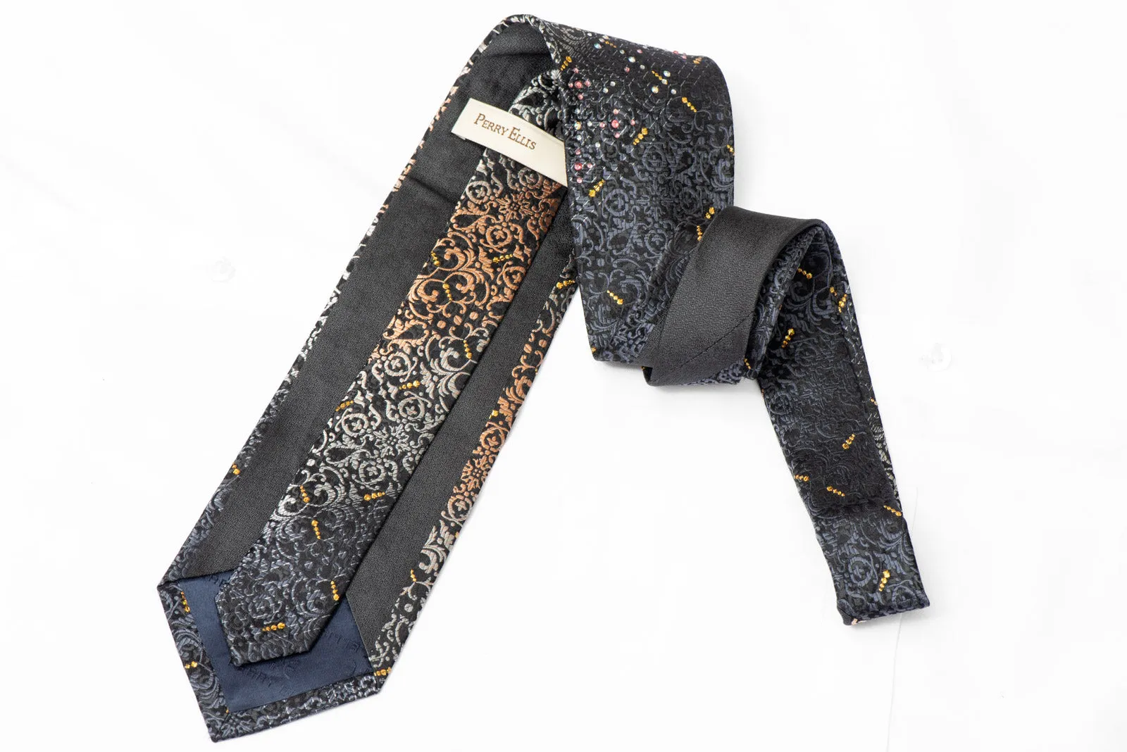 Orange Silver Acanthus On Black Rhinestone Silk Tie With Gold Sparkles