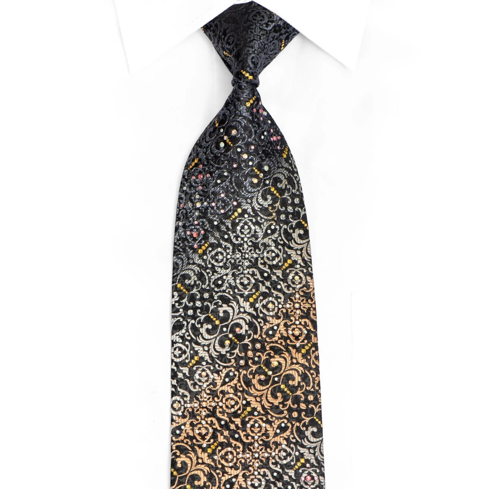 Orange Silver Acanthus On Black Rhinestone Silk Tie With Gold Sparkles