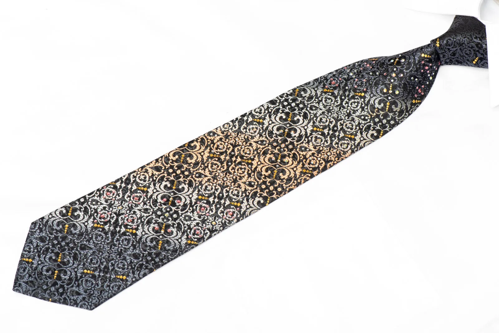 Orange Silver Acanthus On Black Rhinestone Silk Tie With Gold Sparkles