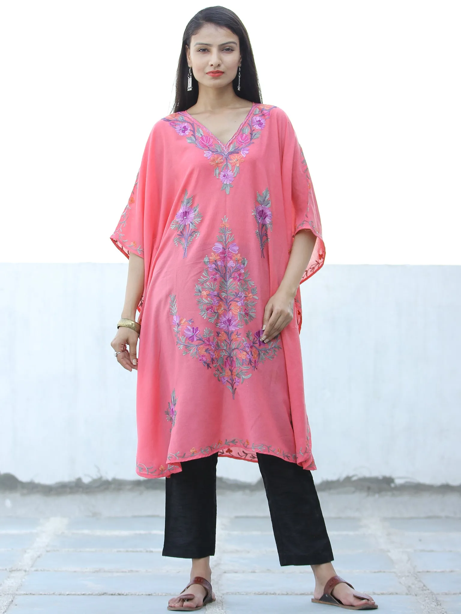 Peach Lilac Purple Aari Embroidered Kashmere Free Size Kaftan in Crushed Cotton - K11K055
