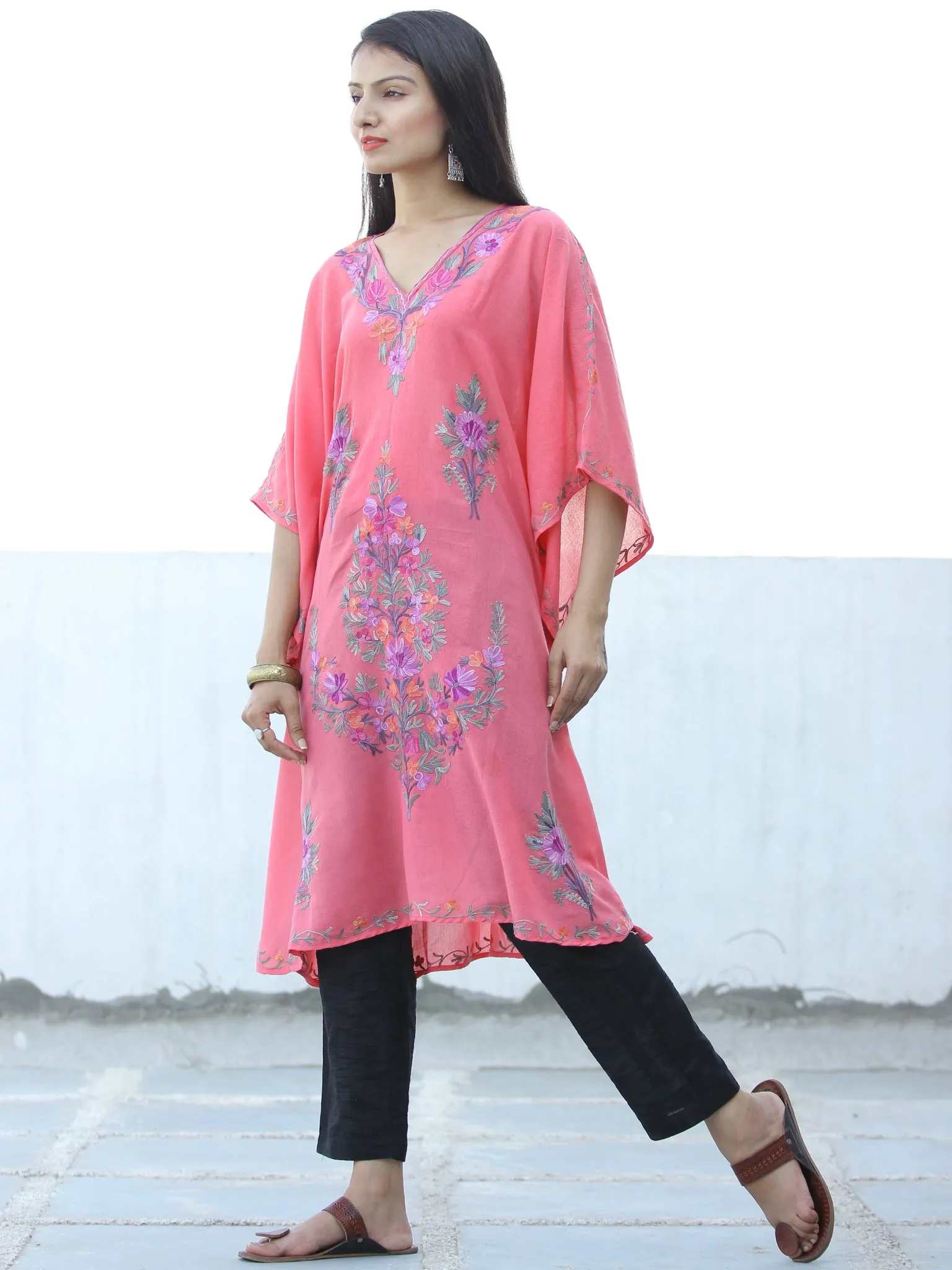 Peach Lilac Purple Aari Embroidered Kashmere Free Size Kaftan in Crushed Cotton - K11K055