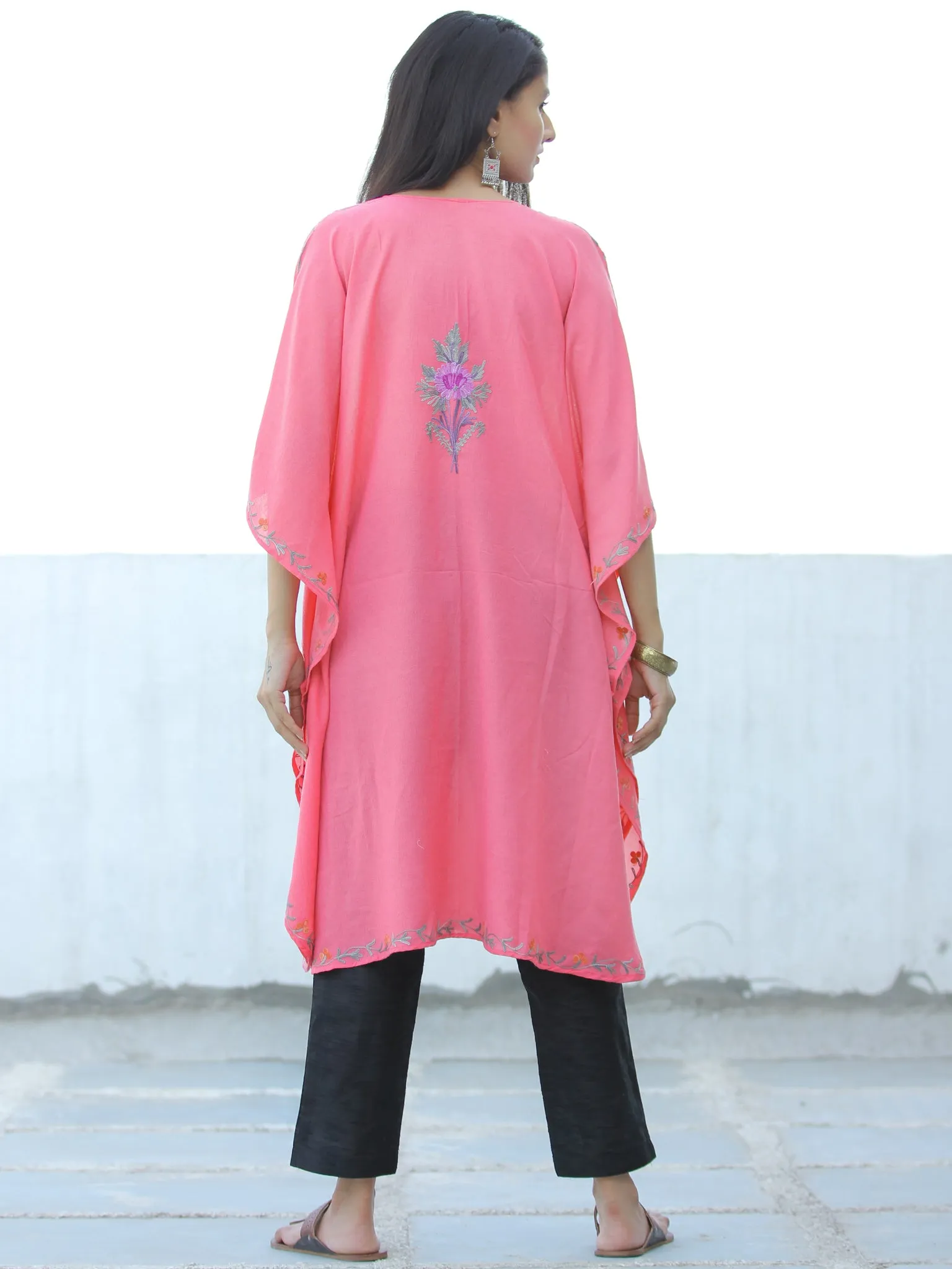 Peach Lilac Purple Aari Embroidered Kashmere Free Size Kaftan in Crushed Cotton - K11K055