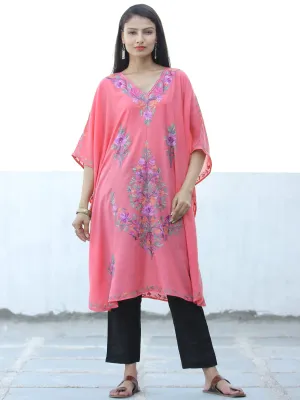 Peach Lilac Purple Aari Embroidered Kashmere Free Size Kaftan in Crushed Cotton - K11K055