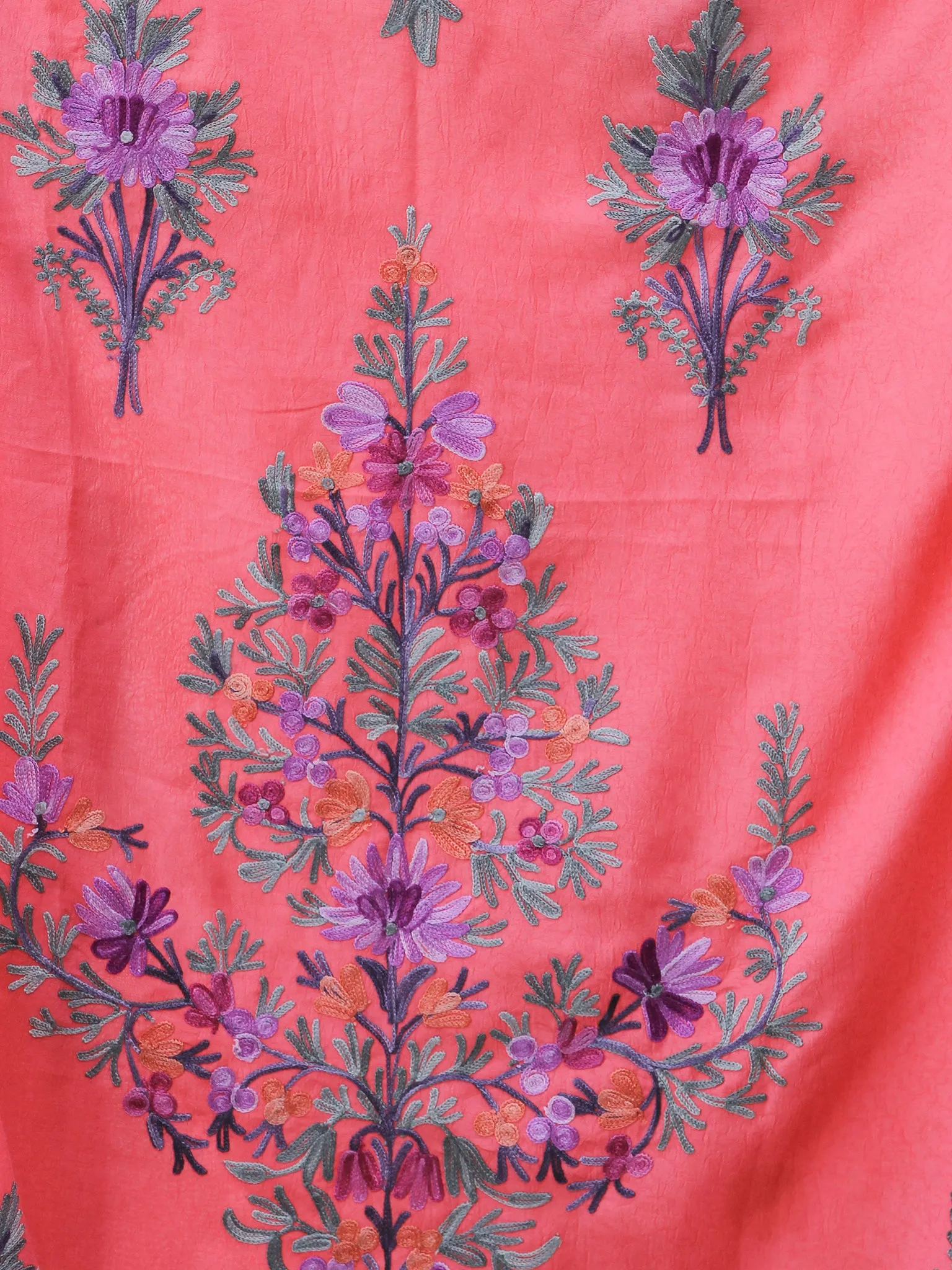 Peach Lilac Purple Aari Embroidered Kashmere Free Size Kaftan in Crushed Cotton - K11K055