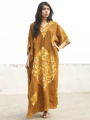 Peanut Brown Aari Embroidered Long Kashmere Free Size Kaftan in Crushed Cotton - K11K001