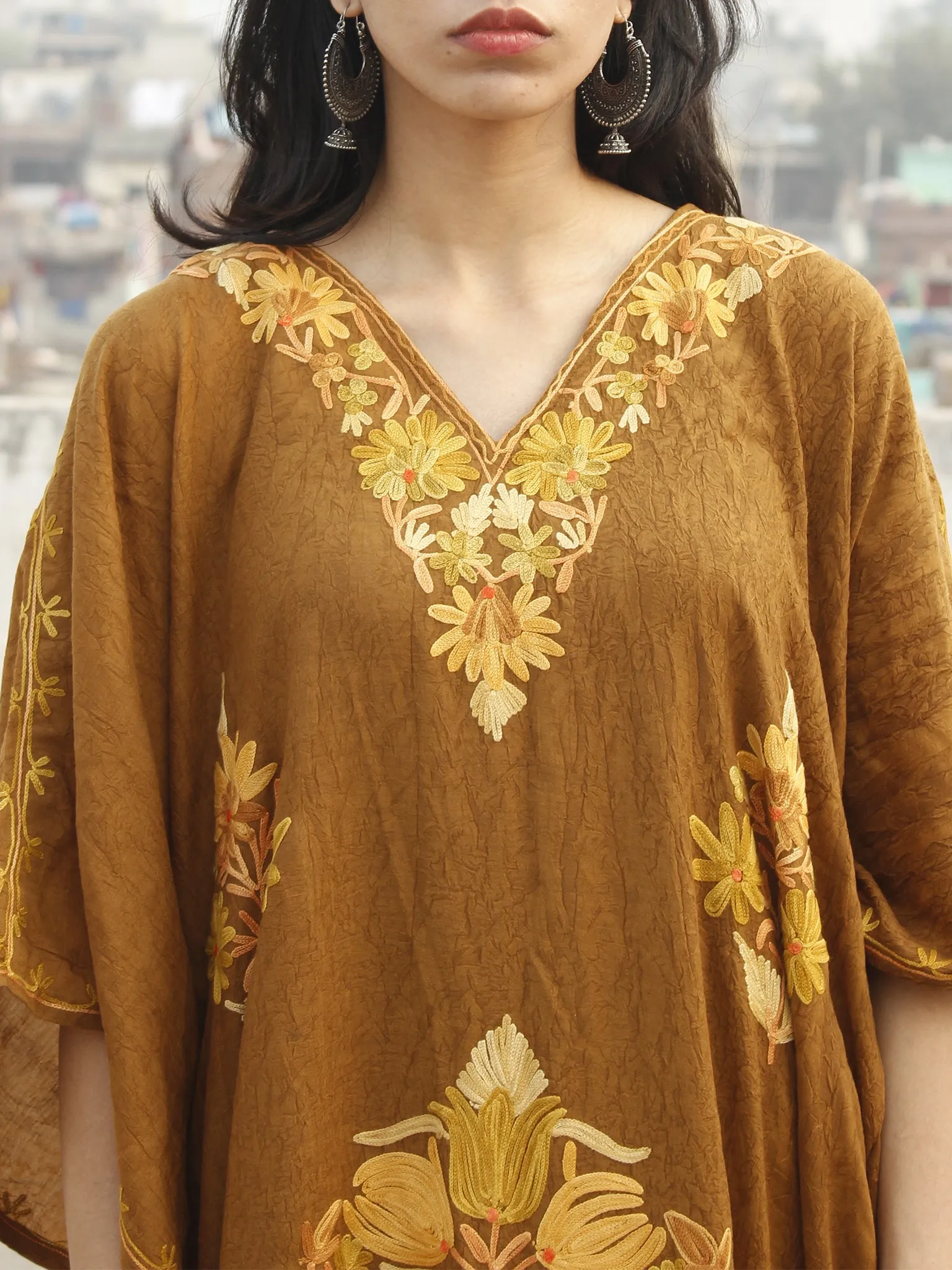 Peanut Brown Aari Embroidered Long Kashmere Free Size Kaftan in Crushed Cotton - K11K001