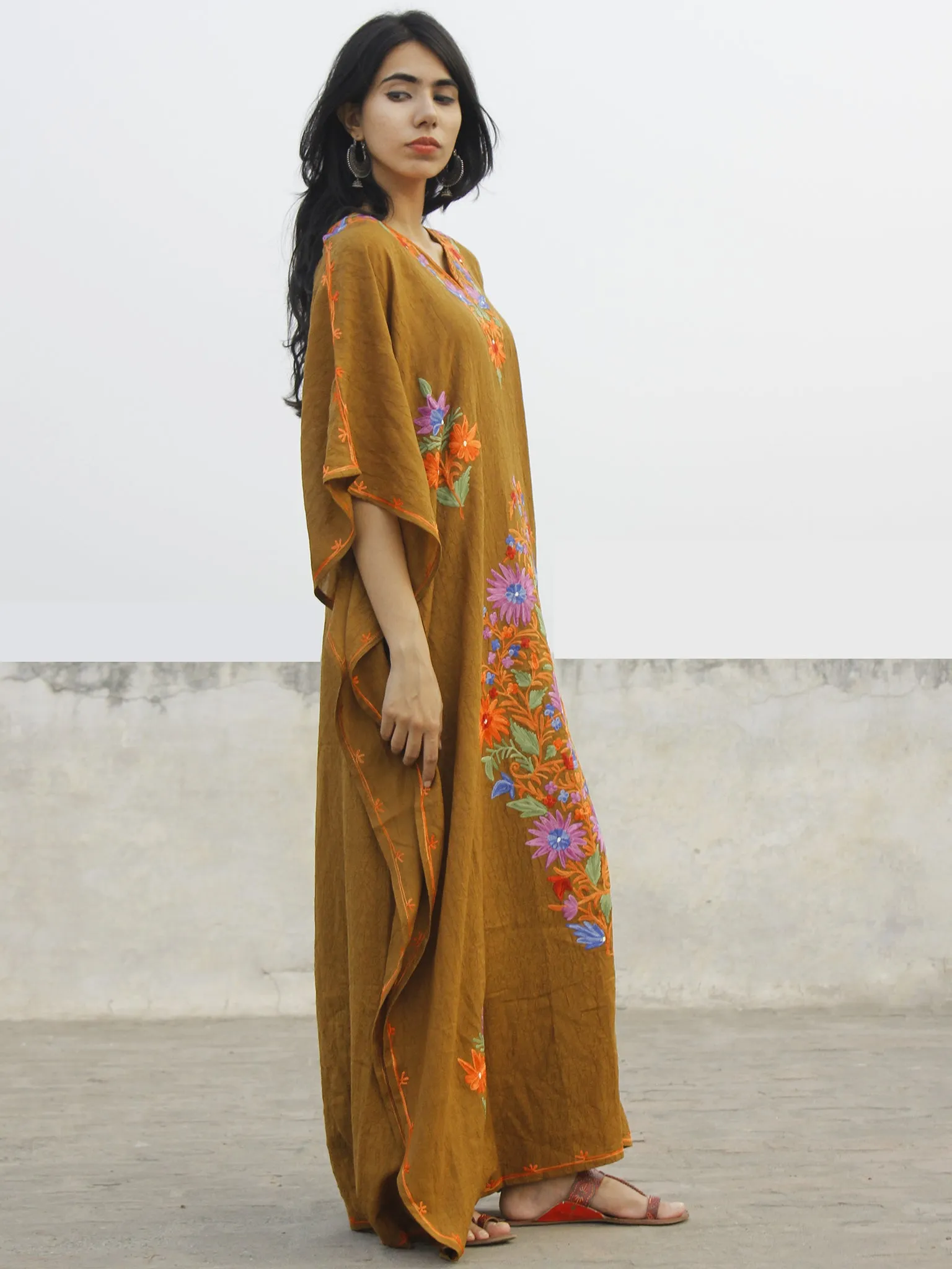 Peanut Brown  Aari Embroidered Long Kashmere Free Size Kaftan in Crushed Cotton - K11K017