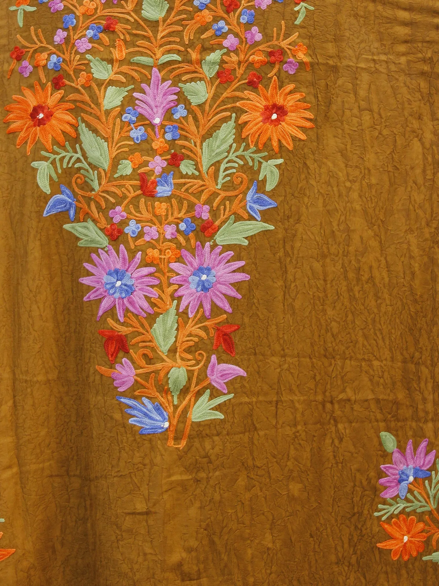 Peanut Brown  Aari Embroidered Long Kashmere Free Size Kaftan in Crushed Cotton - K11K017