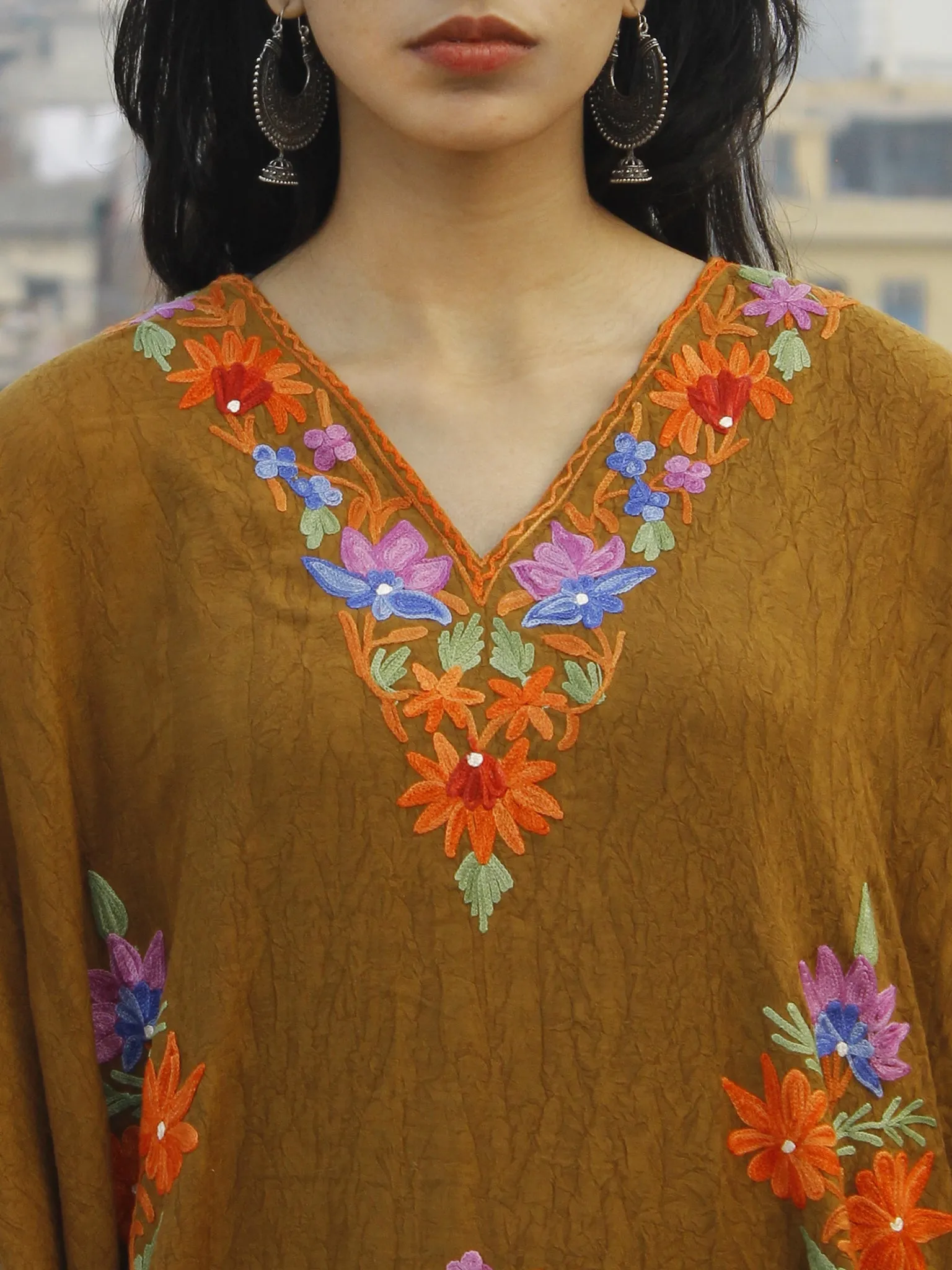 Peanut Brown  Aari Embroidered Long Kashmere Free Size Kaftan in Crushed Cotton - K11K017