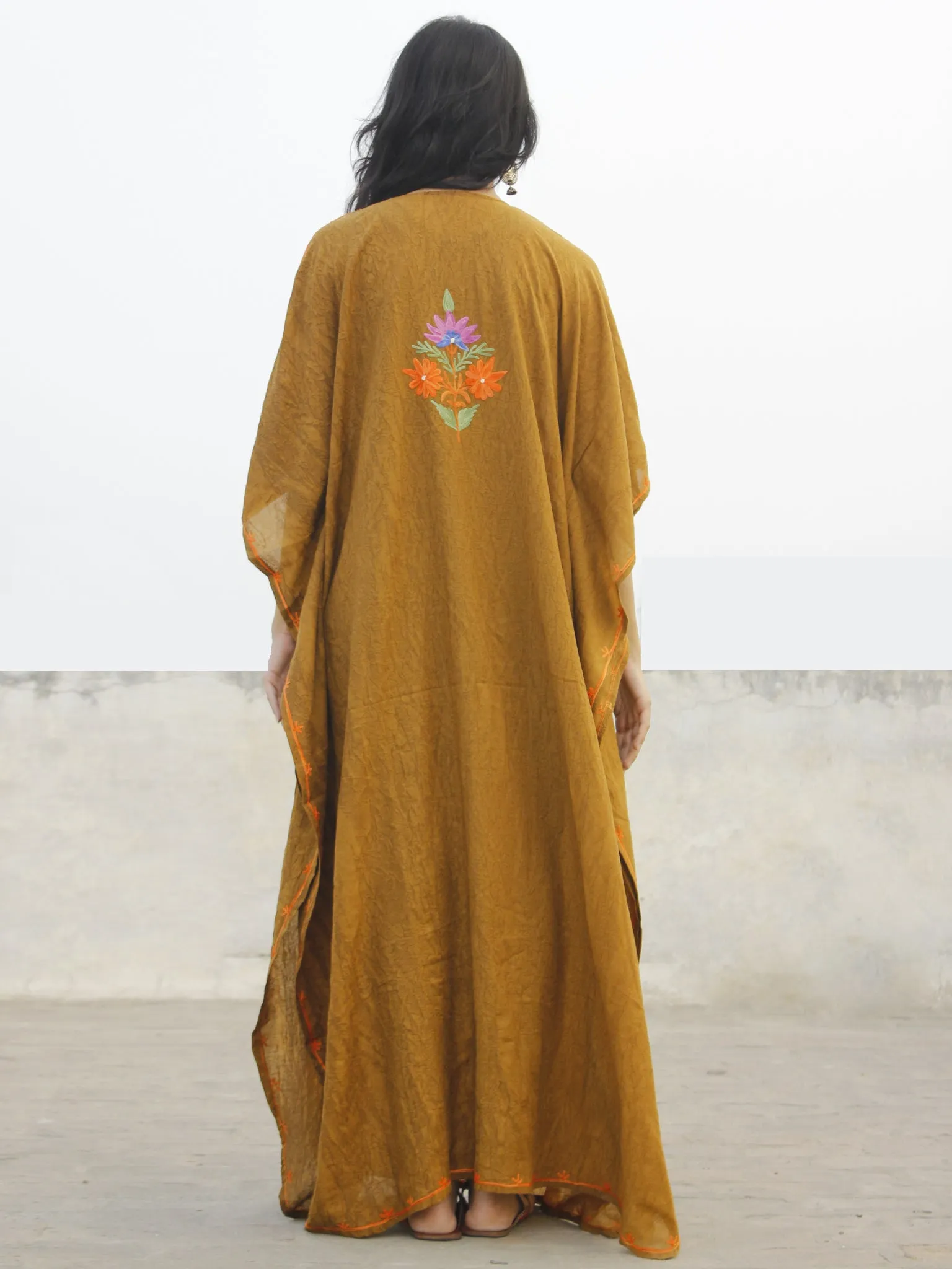 Peanut Brown  Aari Embroidered Long Kashmere Free Size Kaftan in Crushed Cotton - K11K017