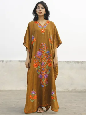 Peanut Brown  Aari Embroidered Long Kashmere Free Size Kaftan in Crushed Cotton - K11K017