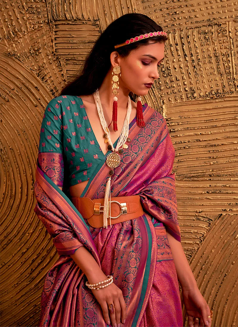 Pink And Blue Zari Weaved Handloom Silk Saree