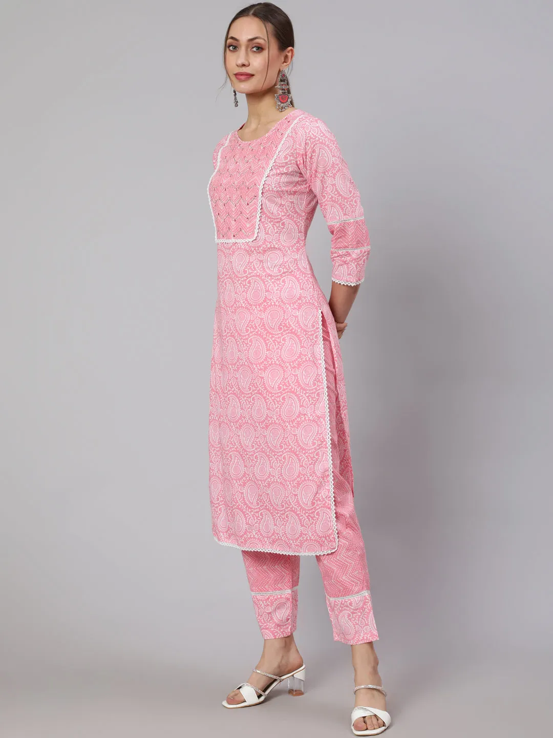 Pink Ethnic Paisley Printed Cotton Kurta With Pants