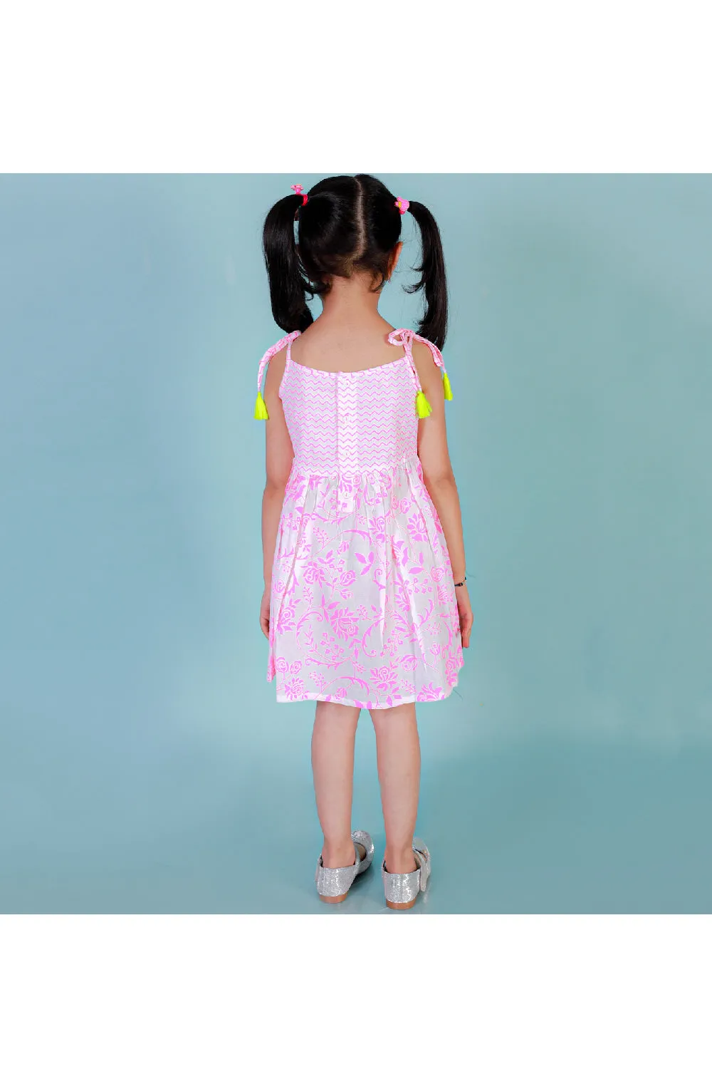 Pink Printed Cotton Shoulder Tie Knot Dress