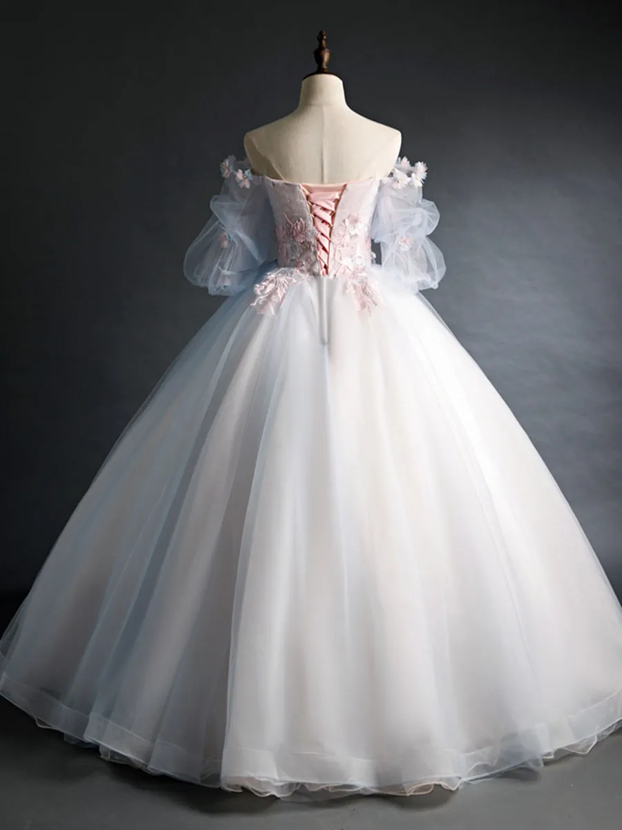 Pink Tulle Lace Applique Long Prom Dress Tulle Lace Sweet 16 Dress
