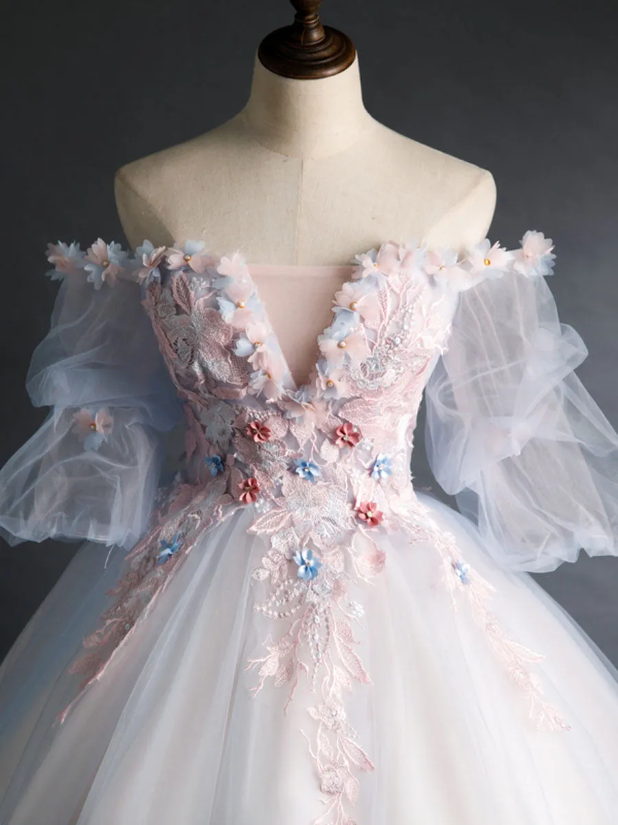 Pink Tulle Lace Applique Long Prom Dress Tulle Lace Sweet 16 Dress