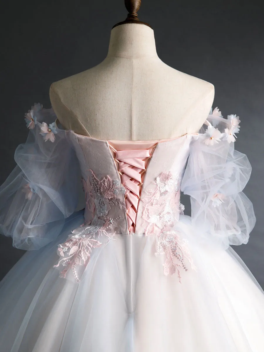 Pink Tulle Lace Applique Long Prom Dress Tulle Lace Sweet 16 Dress