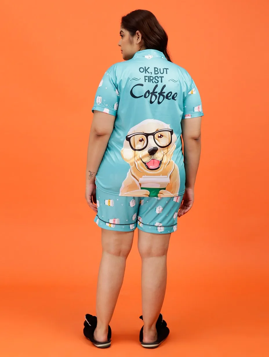 Plus Size Women Coffee Addict Satin Shorts Set