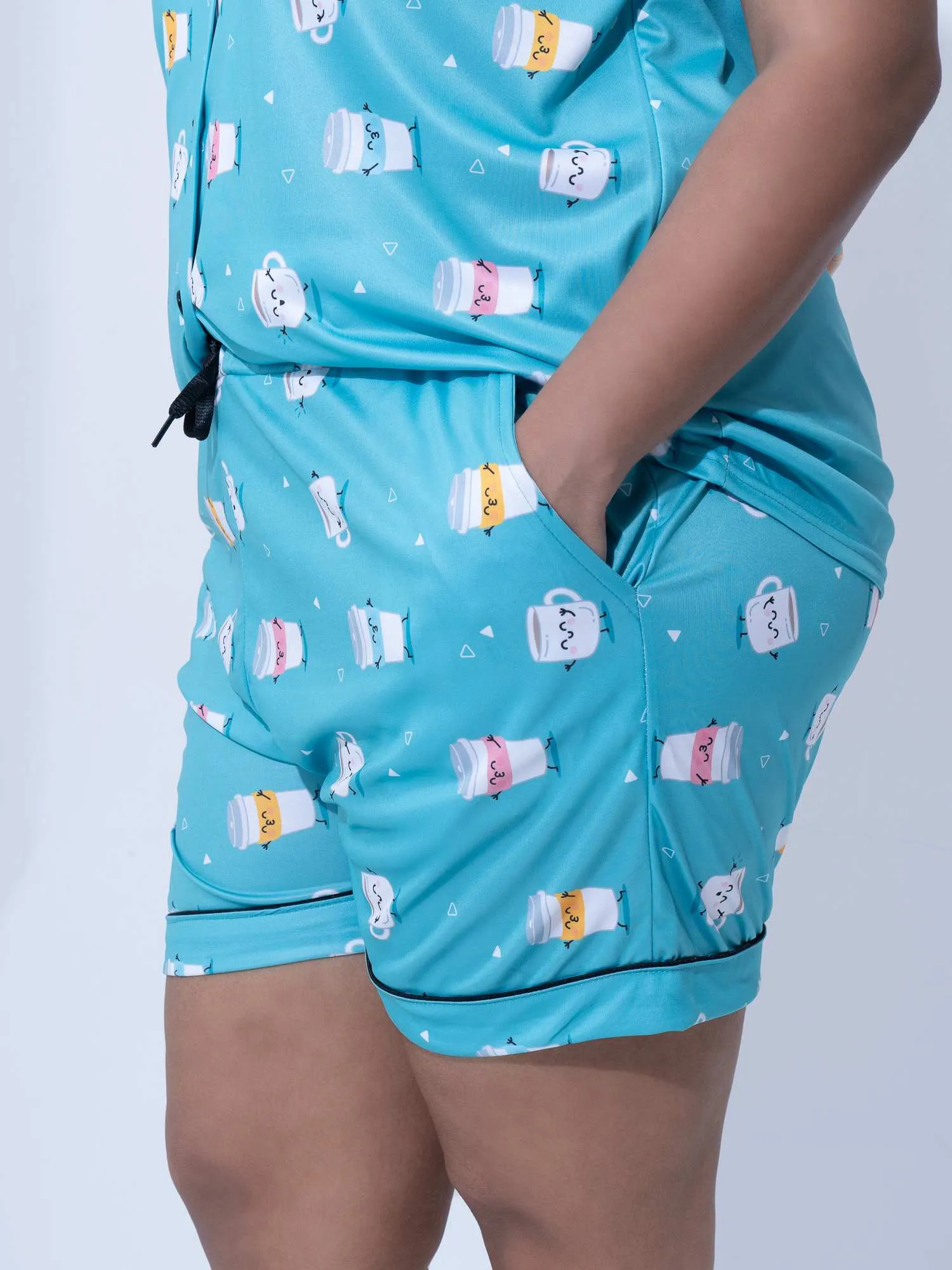 Plus Size Women Coffee Addict Satin Shorts Set