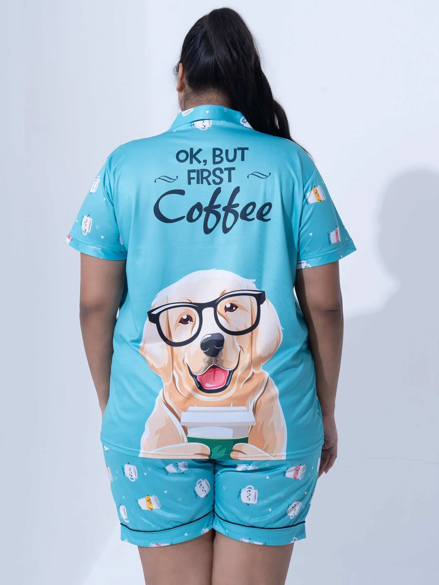 Plus Size Women Coffee Addict Satin Shorts Set
