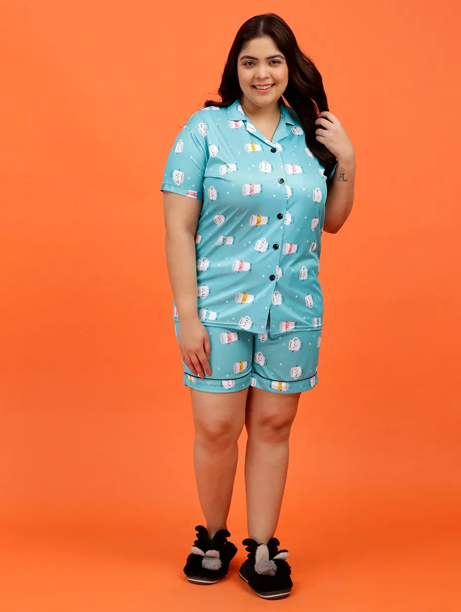 Plus Size Women Coffee Addict Satin Shorts Set